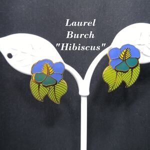Vintage Laurel Burch Blue Green "Hibiscus" Post Earrings, Gold Plated